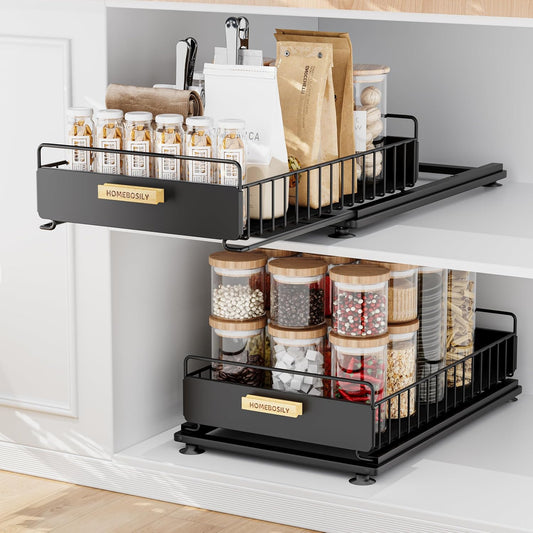 Under Sink Organizer, 2 Pack Pull Out Kitchen Cabinet Organizer, Mute Slide-Out Under Sink Organizers and Storage, Metal Kitchen Bathroom Organizers and Storage Shelves, Black