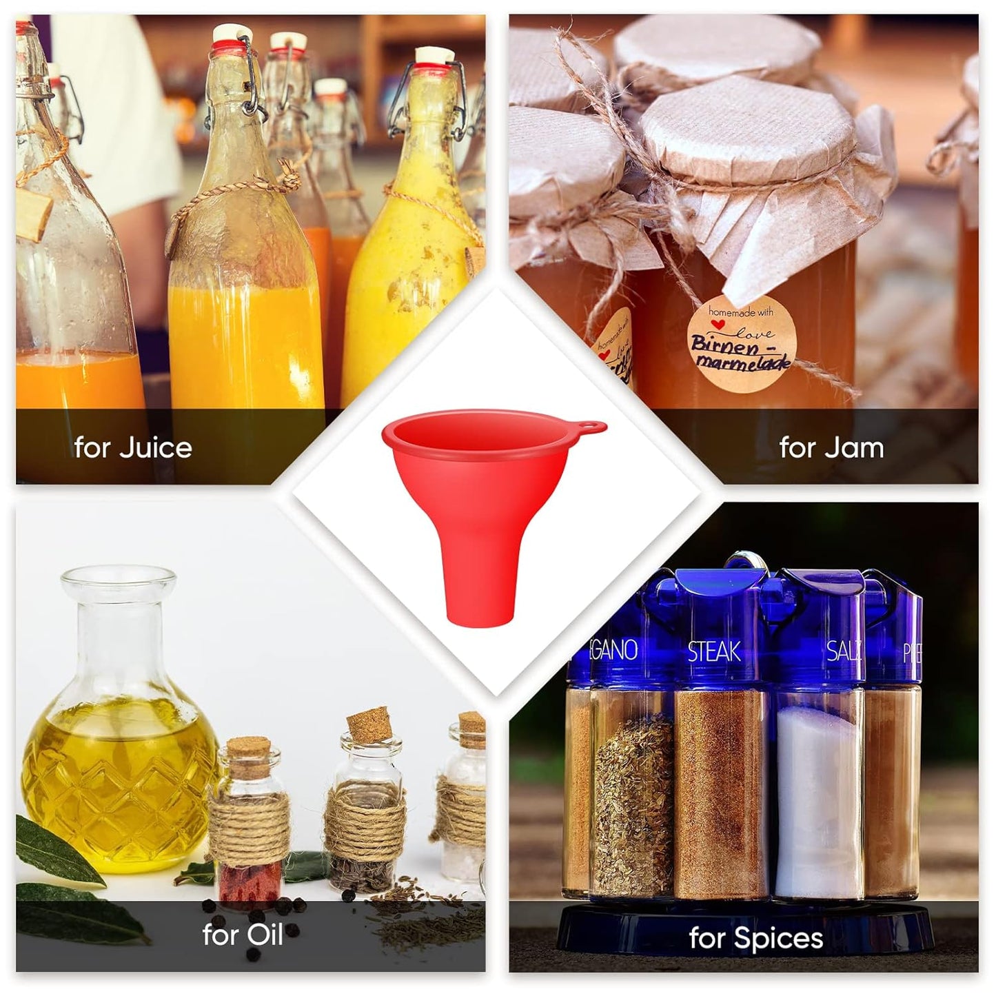 4 Pcs Kitchen Funnel Set Canning Silicone Funnel, Small and Large, Wide Mouth for Jars Jam Spice Filling Bottles Liquid Oil and Powder(Red)