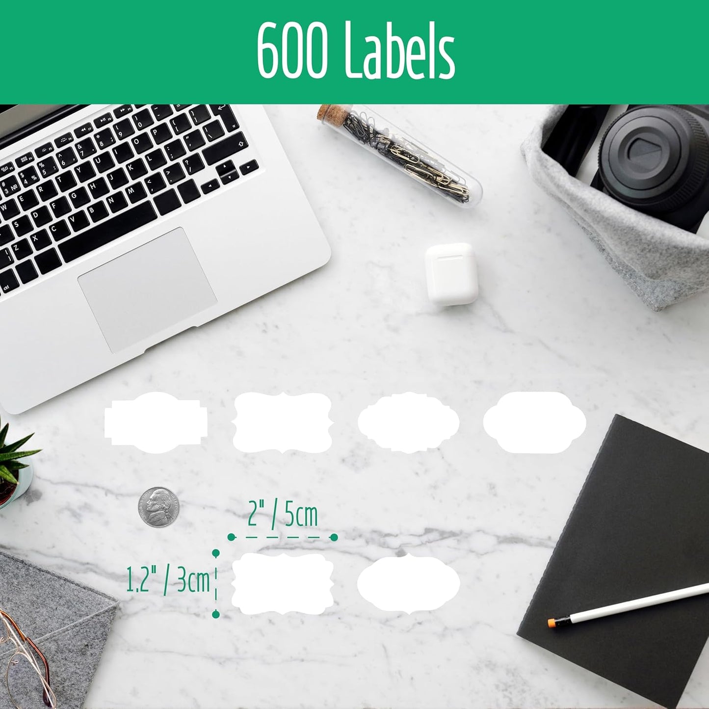 600 PCS Kraft Paper Stickers, 6 Fancy Shapes Labels Self Adhesive Blank Stickers for Crafts, Homemade Food Jars, Gift Tags, Name Labels, Envelope Labels, Home Office Business Uses (White, 1.2” x 2”)