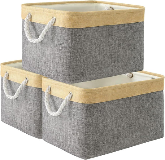 TheWarmHome Storage Basket for Organizing - Fabric Large Cubes 3 Pack 16x12x12 inch Baskets, Cube Storage Bin for Shelves Organizer Closet Cloth Gift Toy (Gold & Grey)