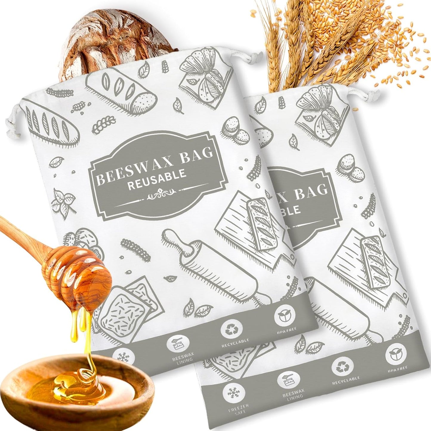 2-Pack Beeswax Bread Bags for Homemade Bread, Grey Reusable Sourdough Storage Bags with Premium Beeswax Coating for Loafs Baguette Fresh Keeping,Great Homesteading Essentials and Baking Gifts.