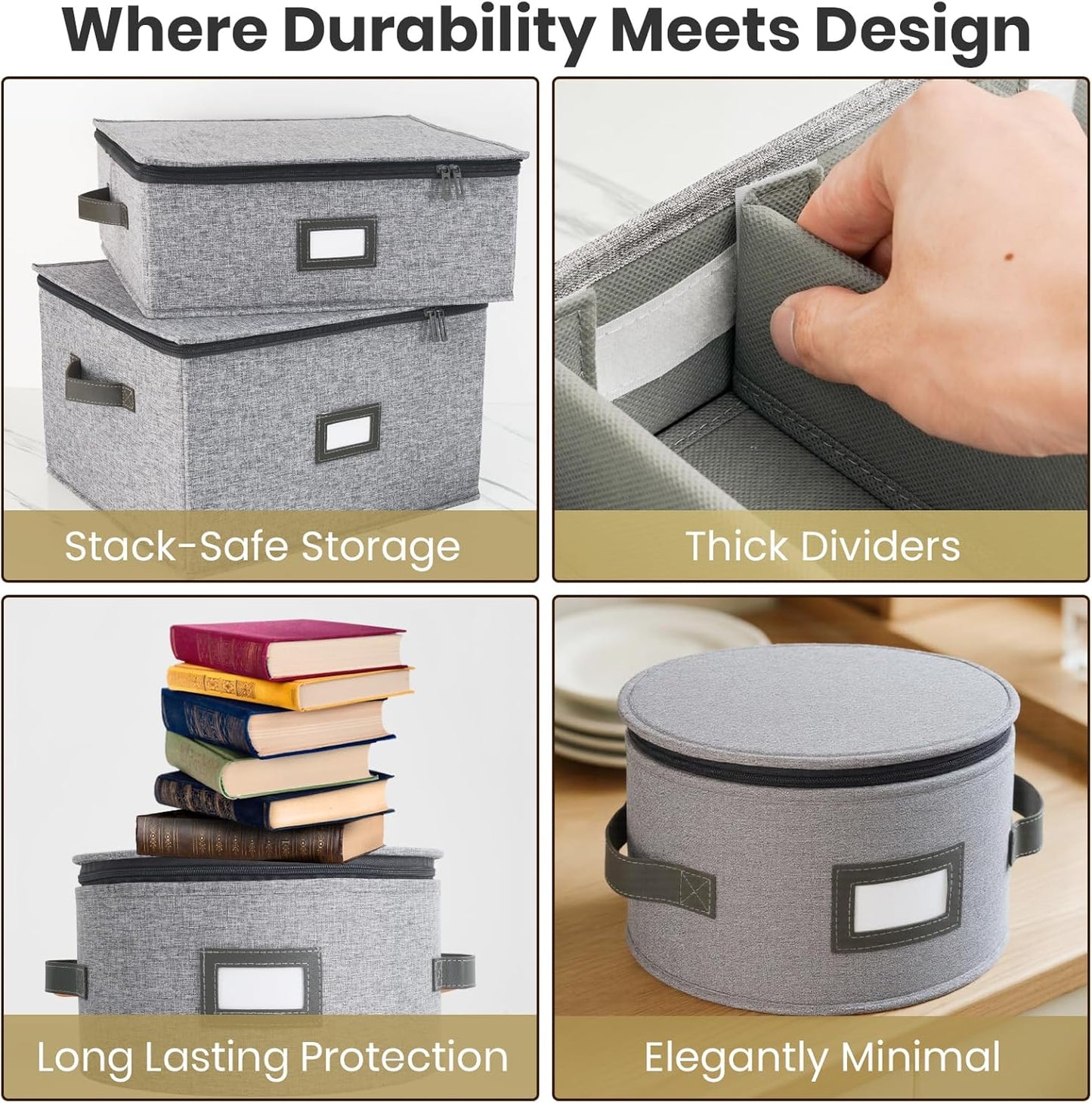 HOMELUX THEORY Saucer Plate Storage Box, 2pc LightGray Hard Shell China Storage Containers Thick Lid & 24 Felt Pads, Heavy Duty Moving Box with Handles for Dishes, Dinner Plate, & Dinnerware