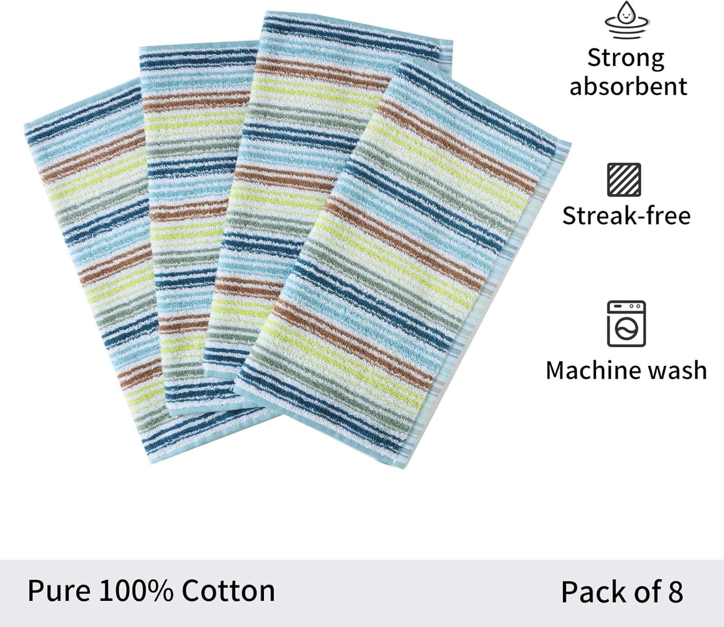 Oeleky Kitchen Dishcloths for Washing Dishes, Ultra Absorbent Dish Rags, Cotton Cleaning Cloths Pack of 8, 12x12 Inches (Mix-1, 12x12 inch)