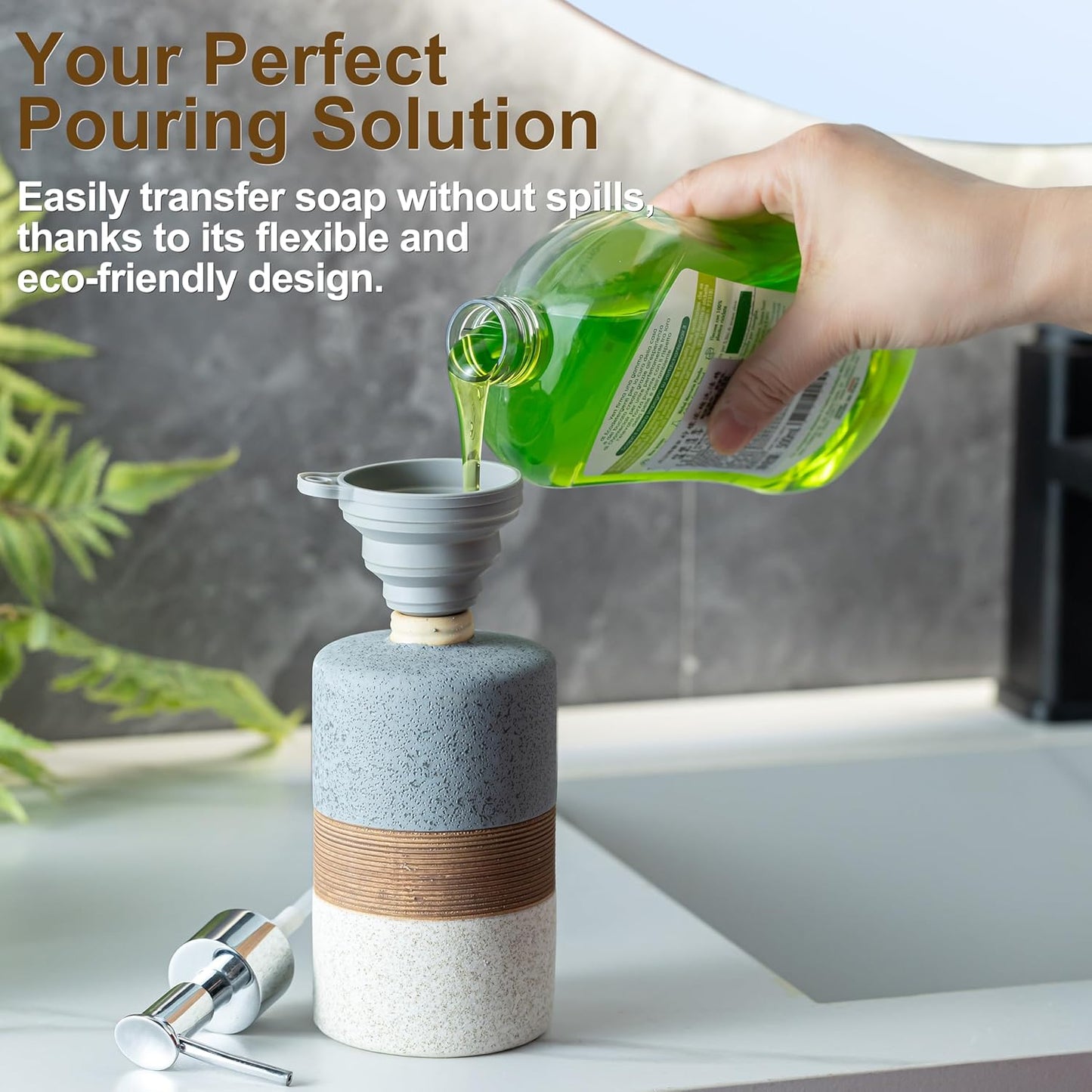 Ceramic Soap Dispenser Set for Hand Soap, Shampoo, Dish Soap, Conditioner, Bathroom & Kitchen, Stainless Steel Pump, Includes Silicone Funnel, 12 Oz, Non-Slip, Elegant Kitchen Decor, Gray