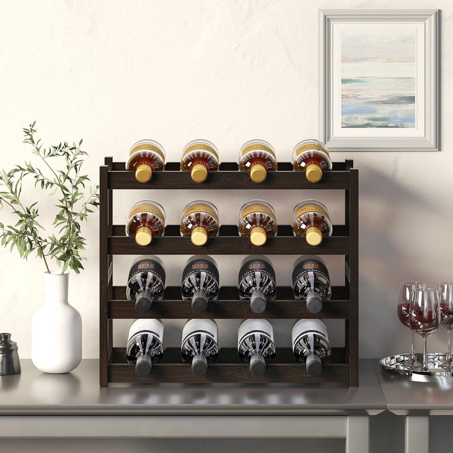 BAMEOS Bamboo Wine Rack Storage, 4 Tier Wine Racks Countertop, Wine Rack Freestanding Floor Wine Holder Cabinet for Kitchen, Bar, Pantry, Wine Cellar, Basement,Study (16.85 L x 9.25W x 17.24H)