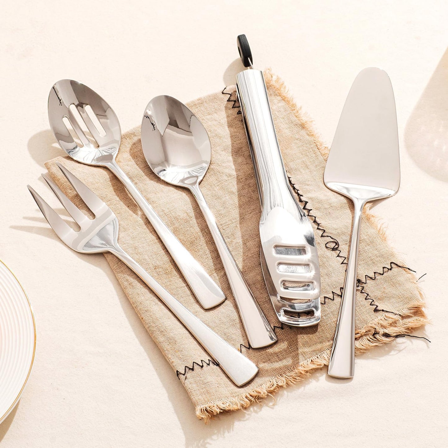 KINGSTONE 5 Piece Serving Utensils Set, 18/10 Stainless Steel Serving Utensils Large, Serving Spoon, Slotted Spoon, Fork, Tong, Cake Server for Buffet, Parties, Kitchen,Entertaining, Wedding