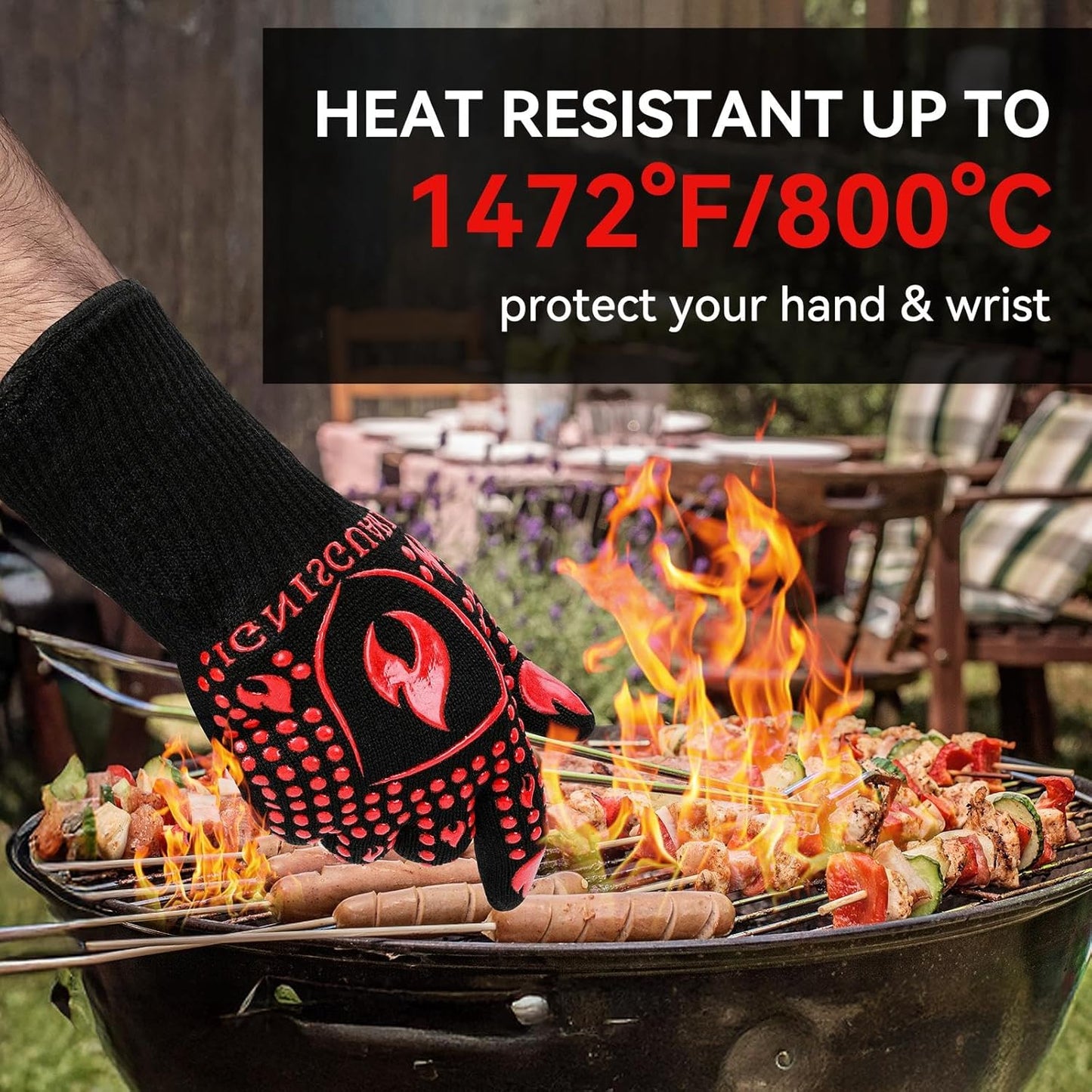 BBQ & Grill Gloves, Oven Gloves, 1472°F Silicone Oven Mitts Heat Resistant Grilling Gloves Fireproof Non-Slip for Barbecue Cooking Baking Smoking, 1-Pair Red（M）