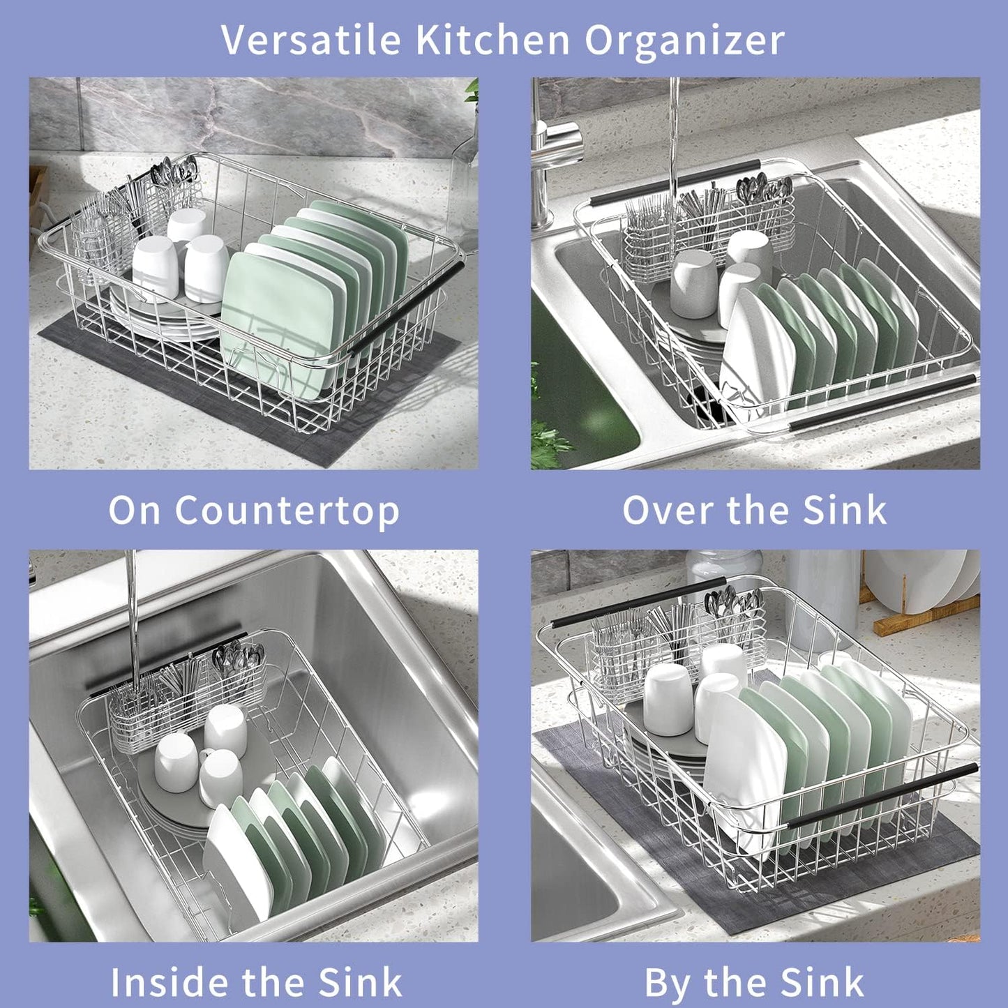 JAQ Dish Drainer in Sink Adjustable 14.96" to 20.59", Expandable 304 Stainless Steel Metal Dish Drying Rack Organizer with Stainless Steel Utensil Holder Over Inside Sink Counter