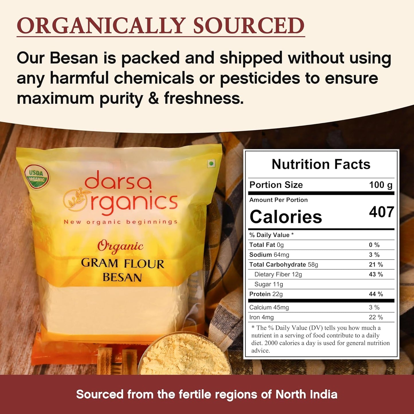 Darsa Organics Gram Flour - 2 lb Besan Flour, USDA Organic, Chemical Free, Non-GMO, Kosher, Premium Chickpea Flour for Cooking & Skin Care, Ideal for Gluten Free Diets & Face Masks