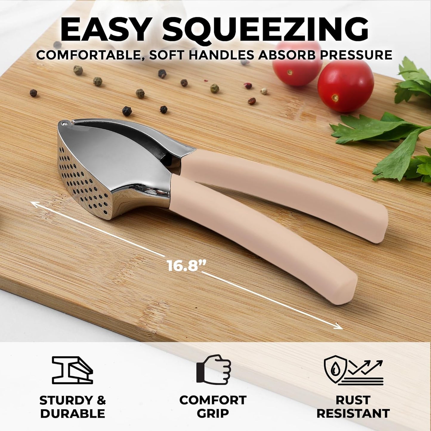 Zulay Kitchen Comfort Grip Garlic Press - Garlic Mincer Tool - Garlic Crusher - Garlic Press Mincer Rust Proof, with Soft Ergonomic Handle, Easy Clean Set with Peeler and Brush - Light Pink