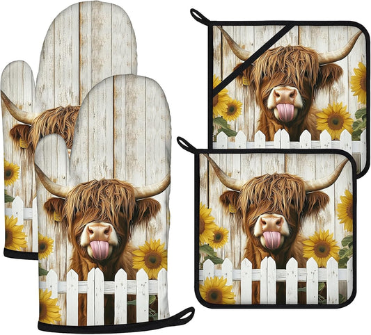 Sunflower Highland Cow Oven Mitts and Pot Holders Sets 4Pcs,Extra Long Oven Gloves Potholder for Kitchen Cooking Baking BBQ 100% Cotton Heat Resistant