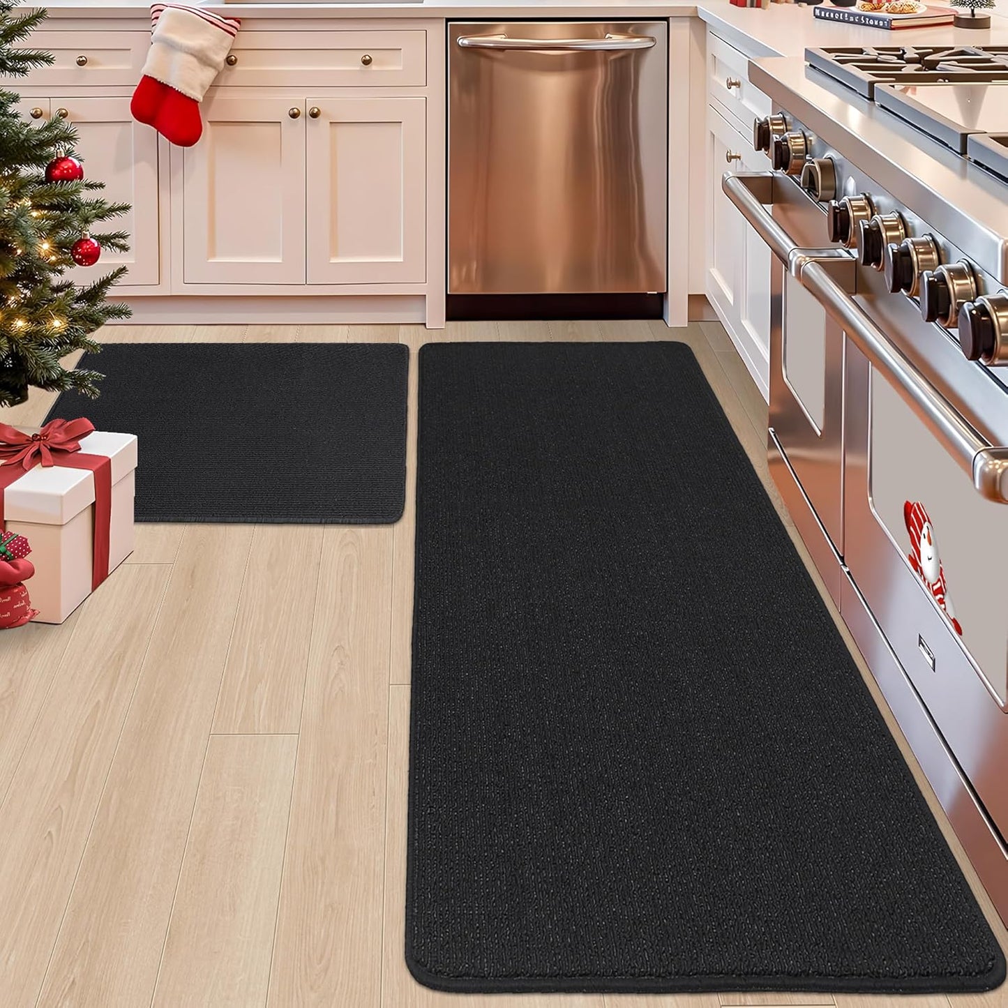 COSY HOMEER 24x35 Inch/24X60 Inch Kitchen Rug Mats Made of 100% Polypropylene Strip TPR Backing 2 Pieces Soft Kitchen Mat Specialized in Anti Slippery and Machine Washable,Black