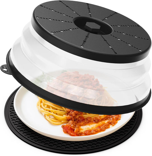 WVM Microwave Splatter Cover & Mat, Vented Collapsible Splatter Guard dish Plate lid & Silicone Round Kitchen Mat for Food, Meal Prep, Black