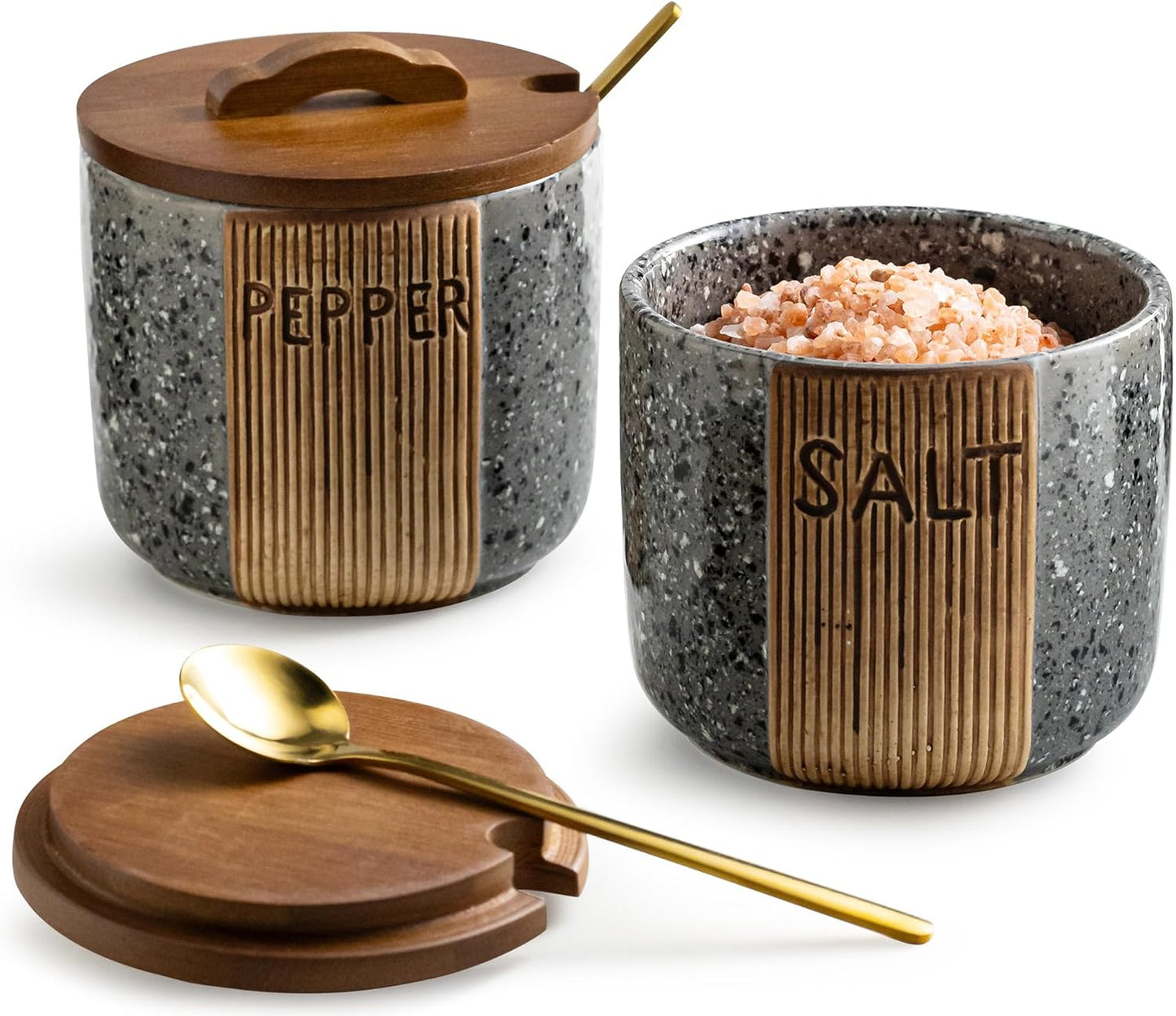 Salt and Pepper Bowl Ceramic, 10 Oz Salt Containers for Countertop Salt Cellar with Wooden Lid and Spoons, Salt and Pepper Set Marble Design, Gray