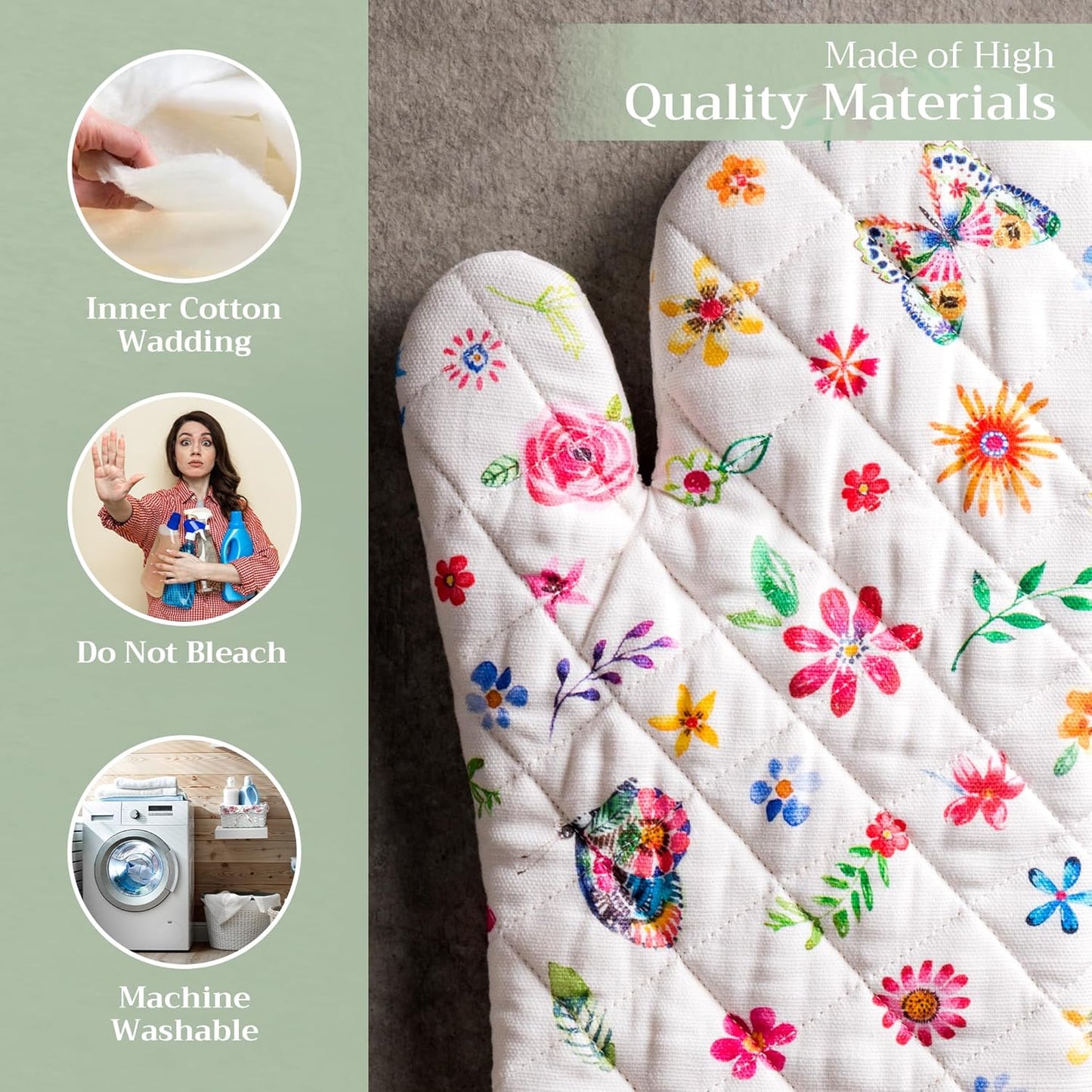 Maison d' Hermine Oven Gloves 100% Cotton Oven Mitt 7" x 13" with Loop Heat Resistant, BBQ, Cooking Gloves, Grilling, Kitchen, Handling Hot Pans Spring/Summer (Pack of 1, Happy Florals - Sweety)