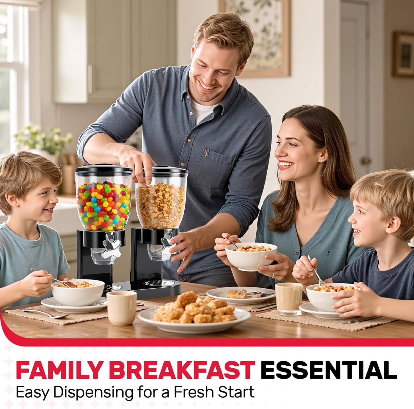 Dual-Control Cereal Dispenser Countertop, 2 Pack 2L Cereal Containers Storage with Airtight Lids, Rotating Dispenser for Pantry, Cereal, Dry Food, Candy, Rice, Grains, Coffee Bean