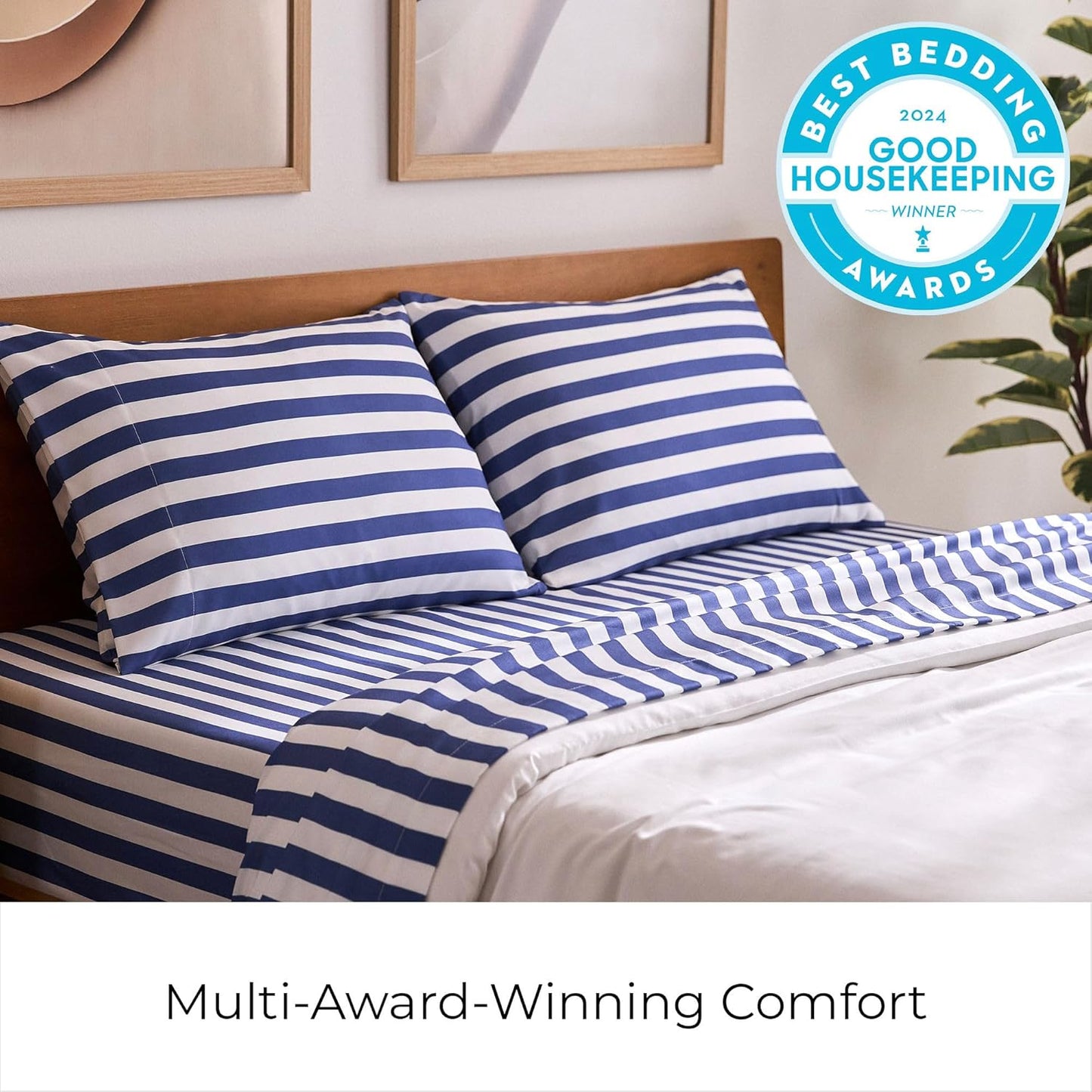 Mellanni Queen Sheets Set - 4 PC Iconic Collection Bedding - Hotel Luxury, Extra Soft, Cooling Bed Sheets - Wrinkle, Fade, Stain Resistant (Queen, Oxford Stripe Blue Nova)