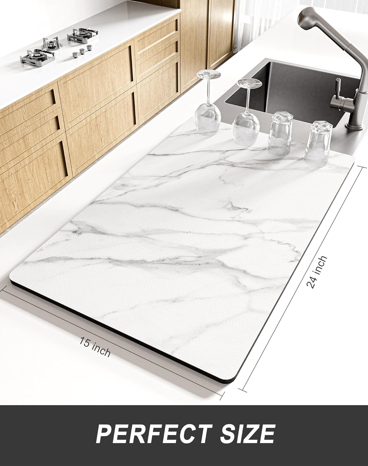 Rnivvi Dish Drying Mat for Kitchen Counter, XL 15 x 24" Cute Marble Super Absorbent Draining Pad, Non-Slip Heat Resistant Coffee Bar Mats for Coffee Machine Station Accessories, White Dish Rack Pad