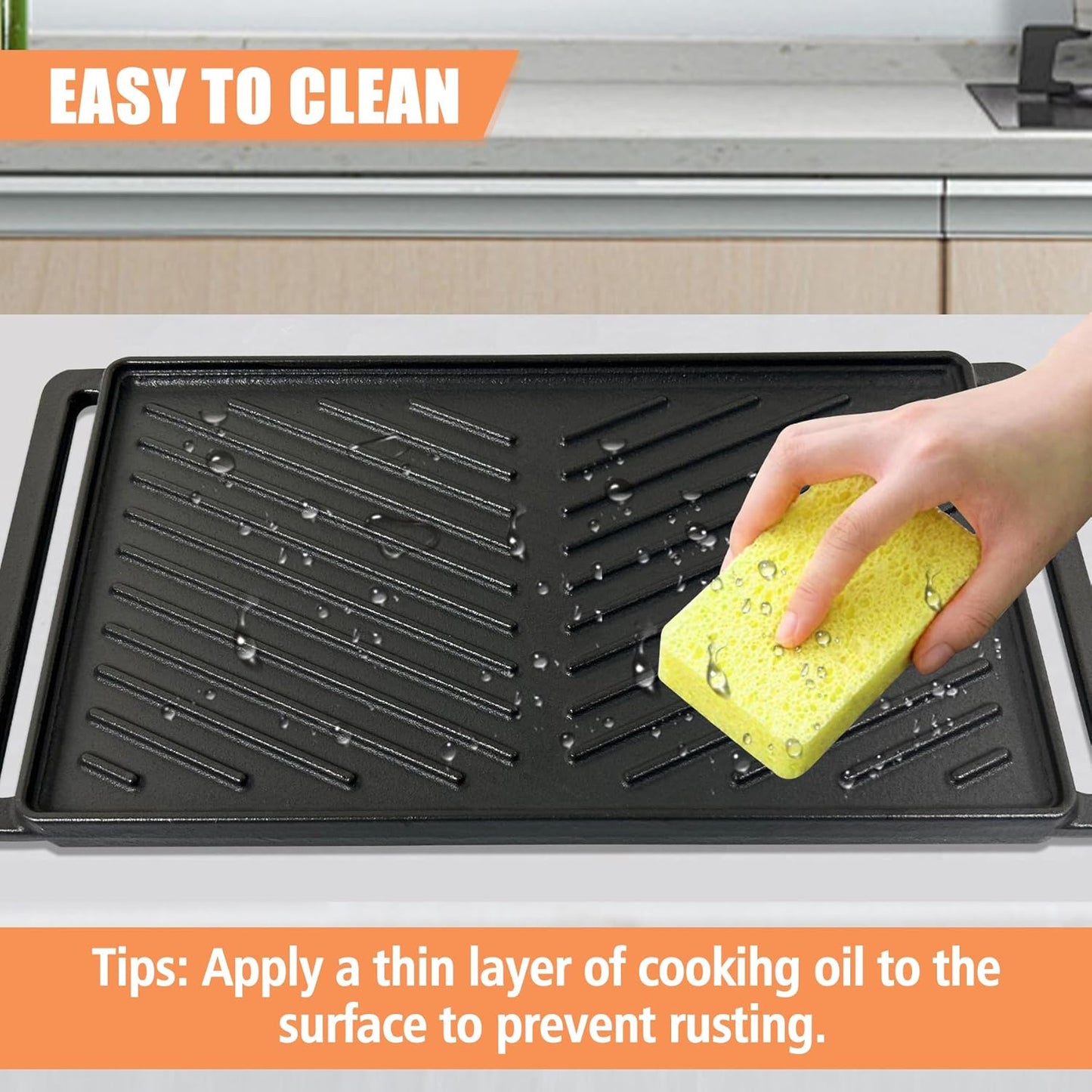 Cast Iron Griddle for Stove Top Large Flat Top Double Griddle Pan for Gas Grill, Fits Two Burners, for Gas, Electric, Ceramic Stovetops, Indoor & Outdoor Cooking - 19" x 10"