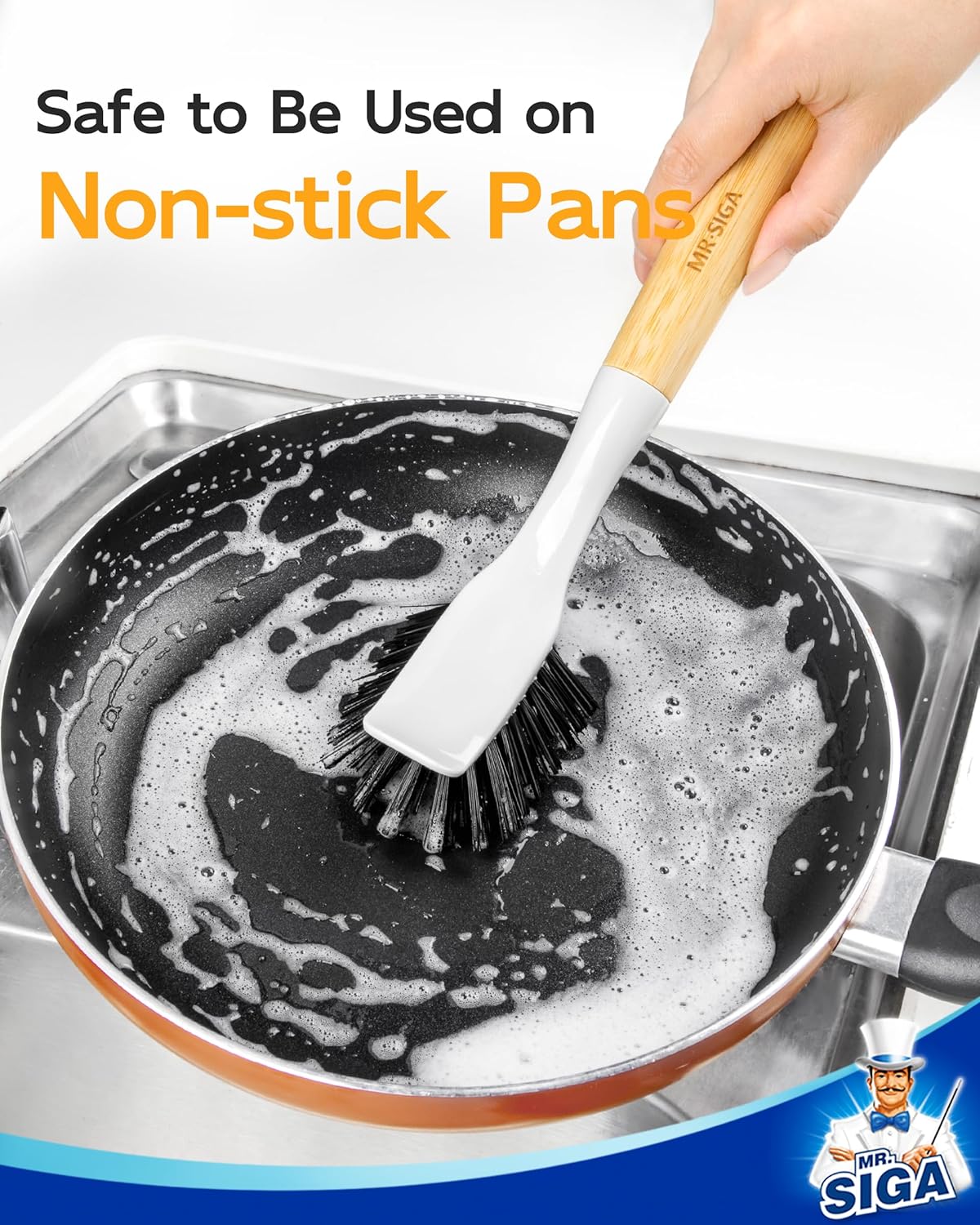 MR.SIGA Dish Brush with Handle, Dish Scrub Brush, Bamboo Dish Brush, Safe on Nonstick Pots, Pans, 2 Pack