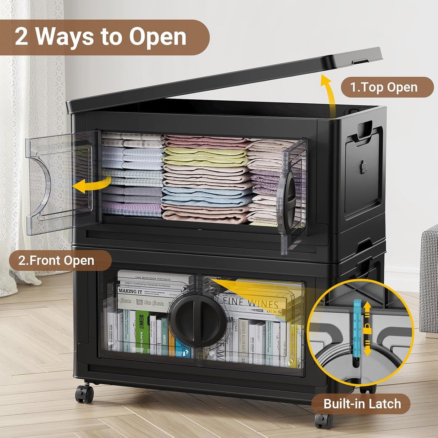 480Qt Lockable Stackable Storage Bins with Lids, Closet Organizers and Storage Drawer, Collapsible Storage Bin with Wheels, Plastic Cabinet for Toy Clothes Dorm Organizer, V9 4 Pack Black