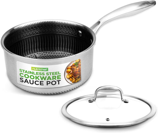 NutriChef 2 QT Stainless Steel Sauce Pot - Triply Kitchenware Sauce Pot with Glass Lid - DAKIN Etching Non-Stick Coating, Scratch-resistant Raised-up Honeycomb Fire Textured Pattern - NutriChef NC3PSP