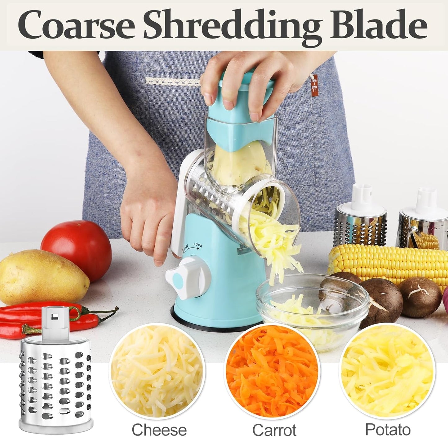 Cambom Rotary Cheese Grater Hand Crank Cheese Shredder for Fresh Cheese, Vegetable, Nuts,Non-slip Suction Base, Five Blades, Blue