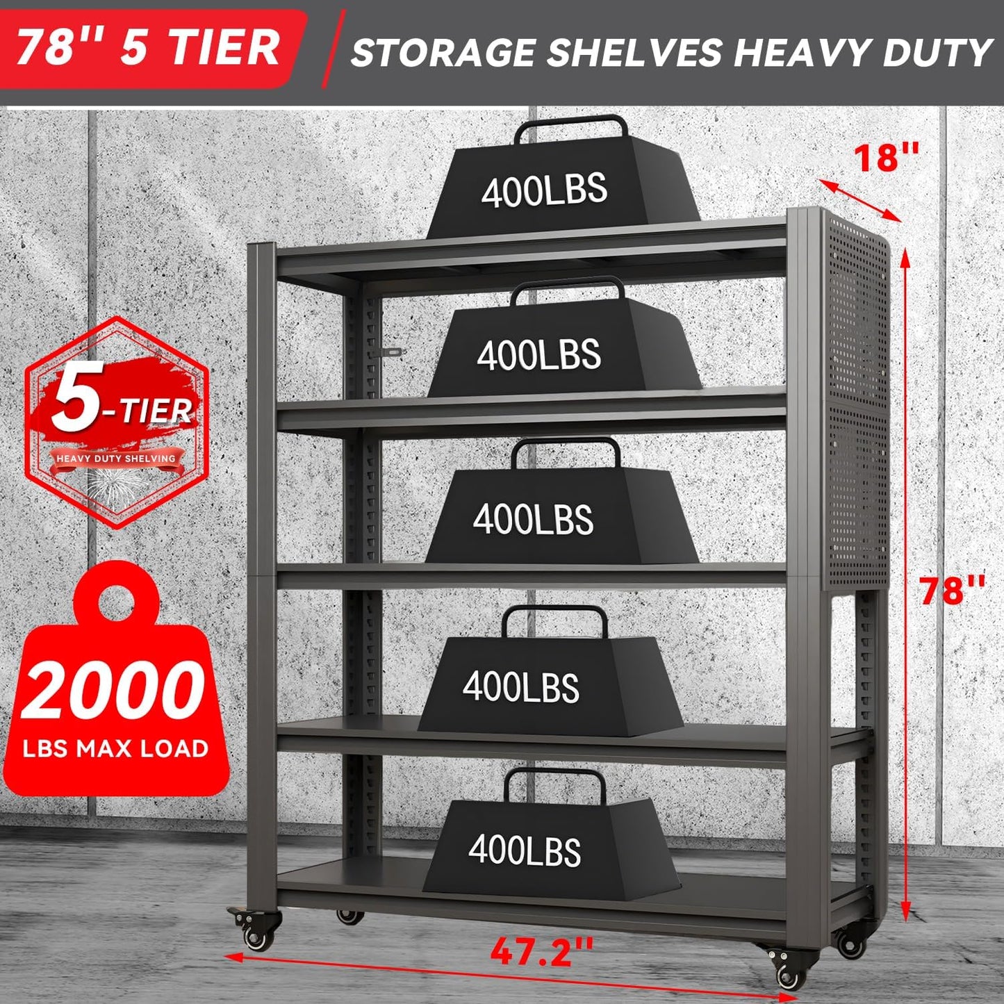 78" H 5-Shelf Metal Storage Shelves, 2000 lbs Garage Shelving Unit with Pegboard, Adjustable Industrial Heavy Duty Storage Rack with Wheels, 47.2" W x 18" D for Pantry Basement, Black
