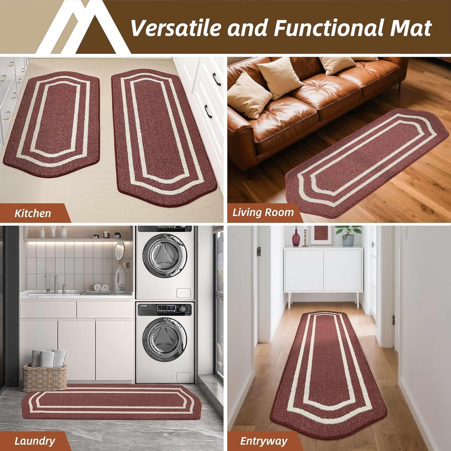 COSY HOMEER Long Kitchen Floor Mats for in Front of Sink Super Absorbent Kitchen Rugs and Mats 24"x48"+24"x59"Non-Skid Kitchen Mat Standing Mat Washable,Polypropylene,Red,Frame