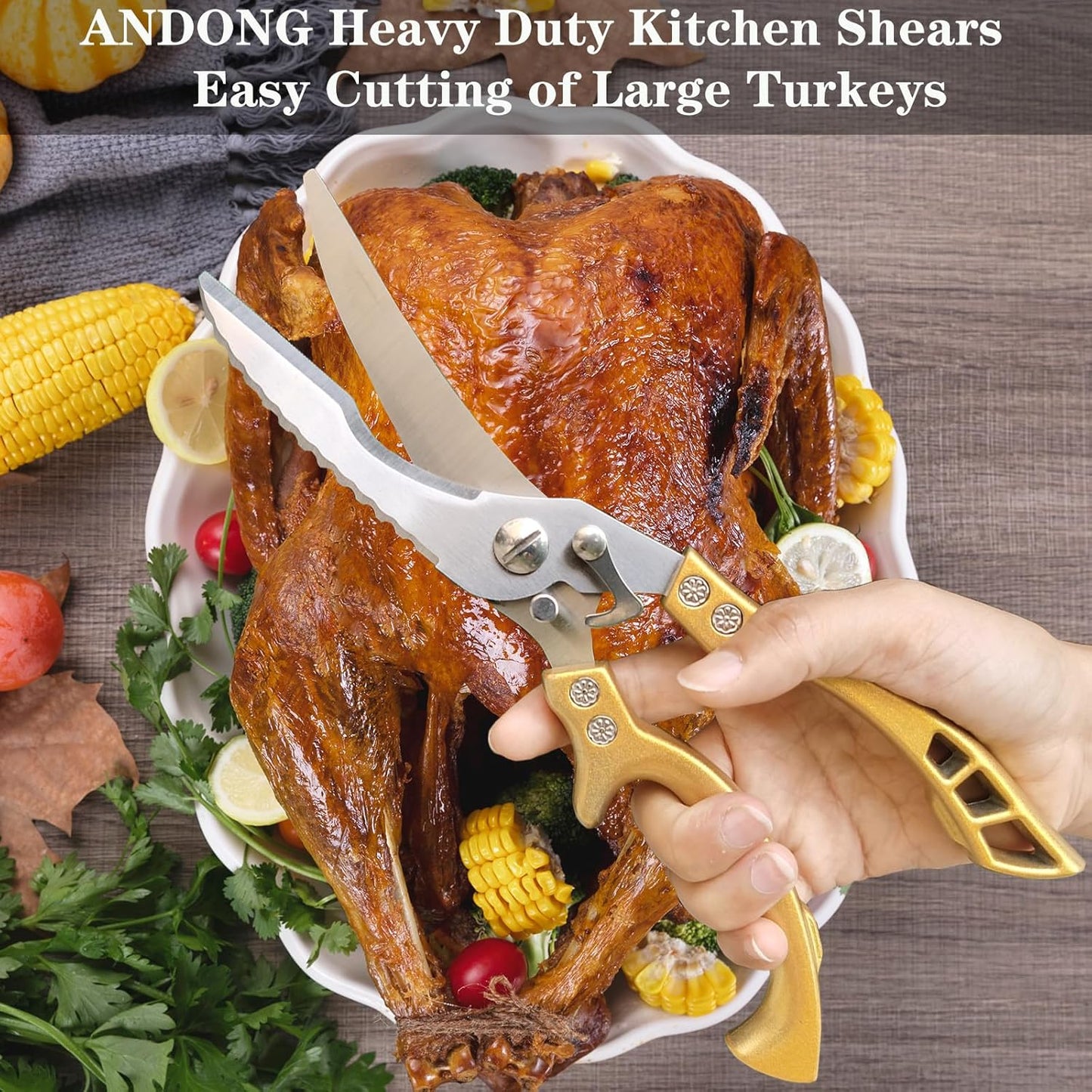 ANDONG Poultry Shears Heavy Duty Kitchen Shears with Serrated Edge, Kitchen Scissors spring loaded, Chicken Shears Heavy Duty Professional, Gold