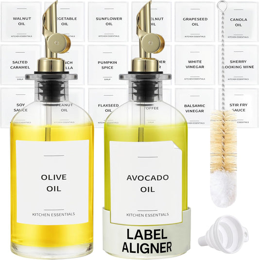 Olive Oil Dispenser Bottle - Includes 55 Kitchen Essential Labels - Cooking Oil Bottles for Kitchen, Coffee Syrup Dispenser - Pourer Spout with 11.8 fl oz Glass Container Cruet - 2pcs, Gold