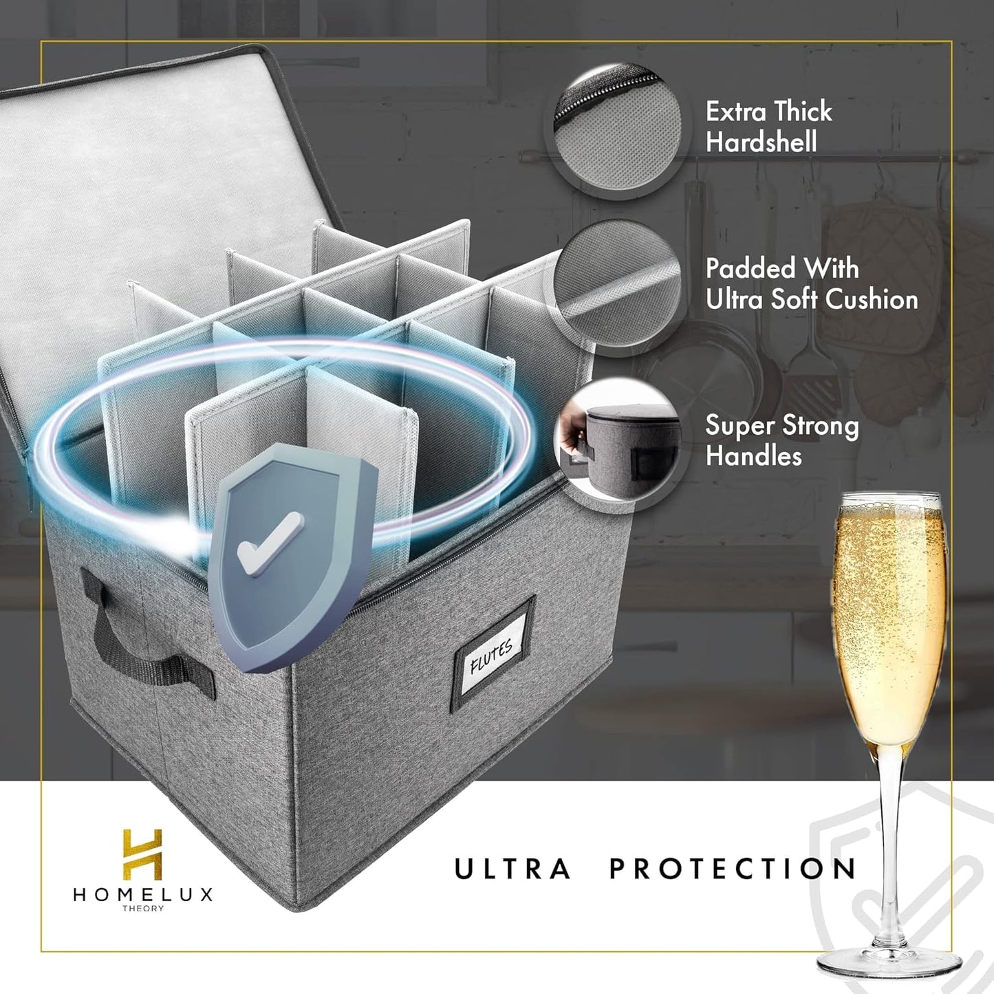 HOMELUX THEORY Champagne Flute Storage Box with Dividers, Hard Shell China Storage Containers, Heavy Duty Glassware Storage Box & Stemware Storage Container with Lid, Thick Surface, and Sturdy Handle