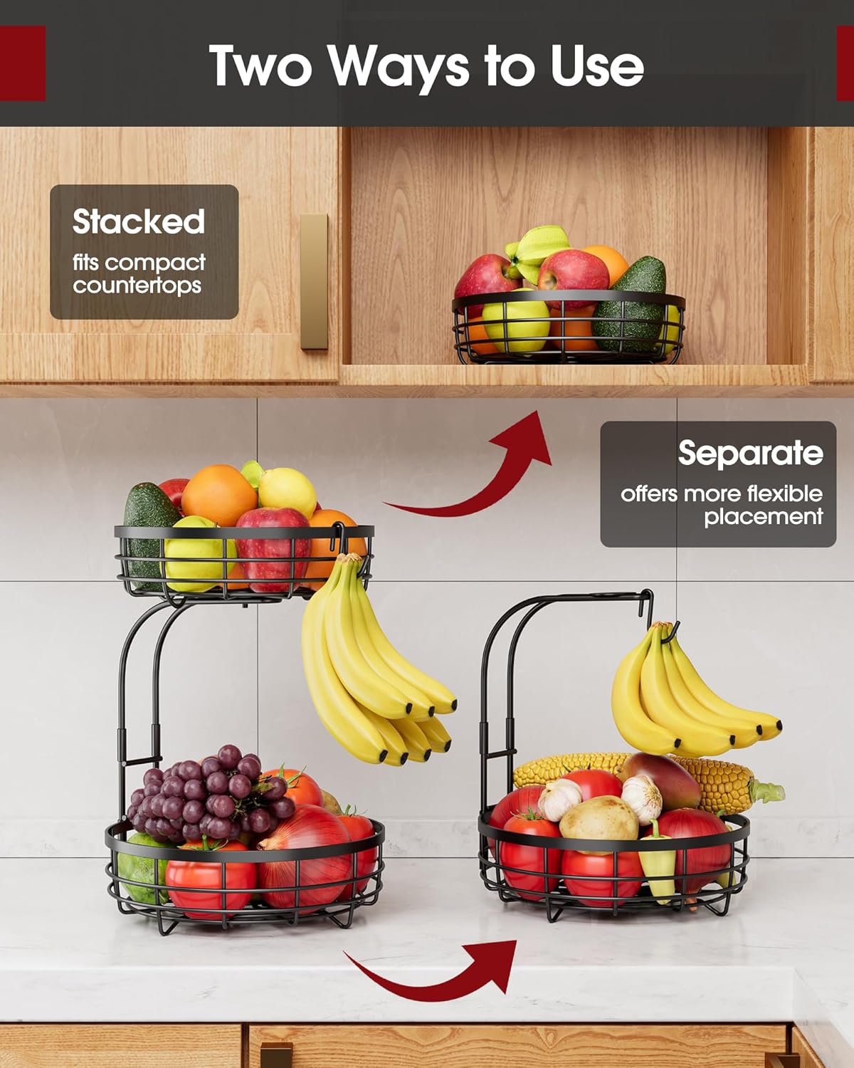 Fruit Basket for Kitchen Counter - 2-Tier Large Capacity Fruit Bowl with Detachable Banana Hanger, Rust-Proof Metal Fruit Holder for Vegetables, Bread, Toiletry,10" D x 10" W x 14" H, Black