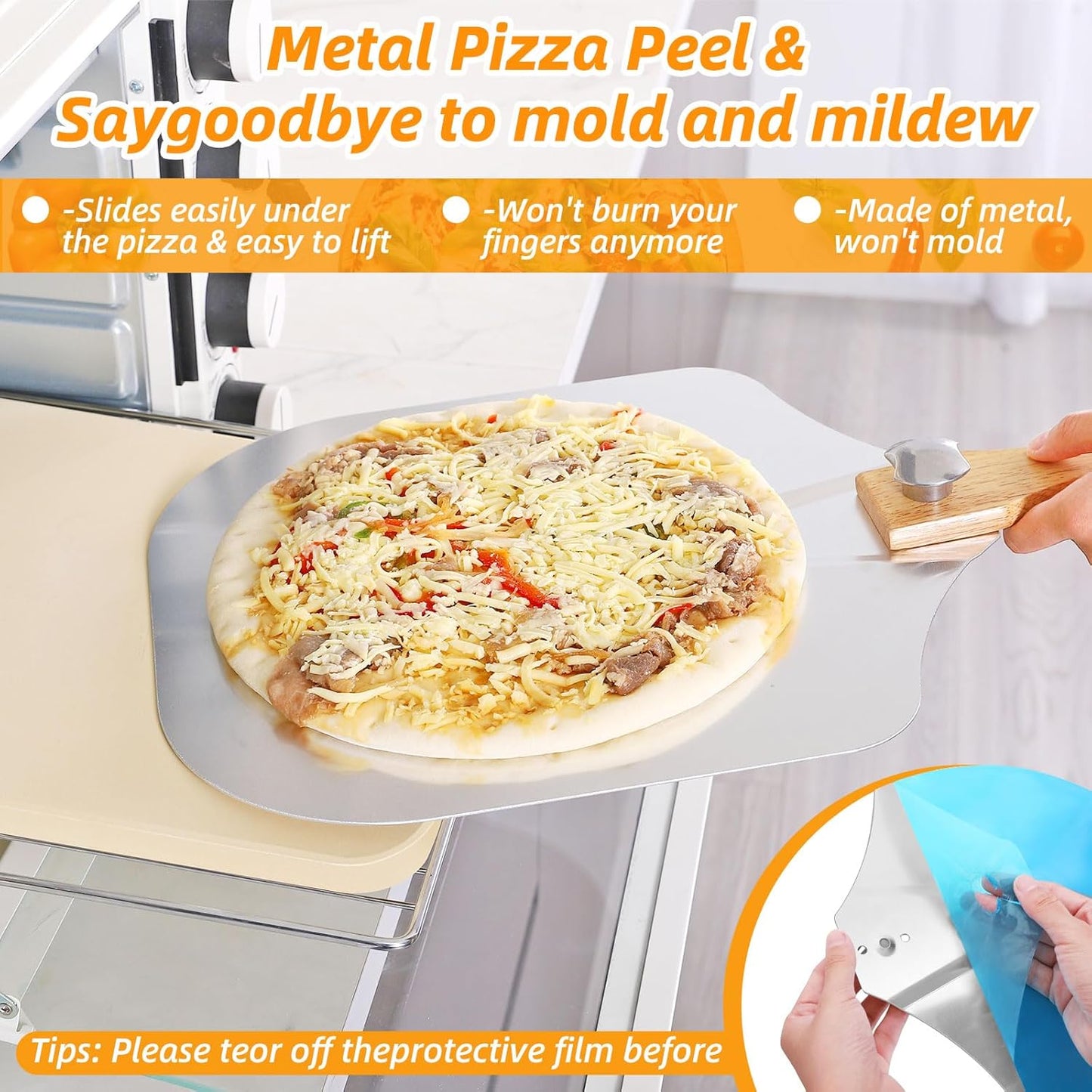 GOFOWEK Pizza Stone 5 PCS Set, 15 x 12" Large Rectangle Pizza Stone Set for Oven and Grill with Metal Pizza Peels & Cutter Rocker, 0.6'' Thickened Stone Pizza Pan, Baking Stone for Pizza, Bread