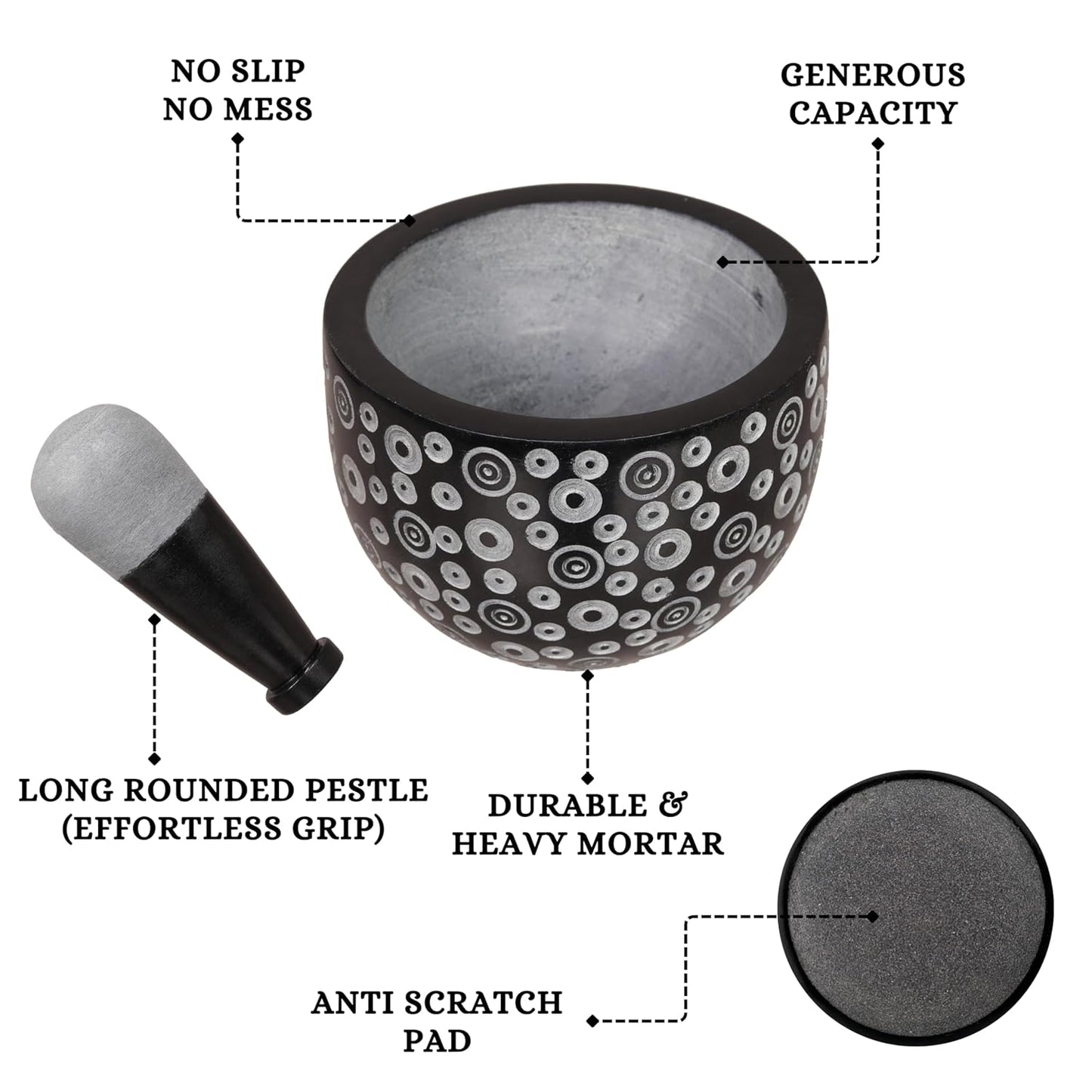 Mortar and Pestle, Made of Heavy Duty Polished Hard Stone, Natural Stone Grinder for Spices, Pastes, Herbs, Seasoning etc. (Dots)