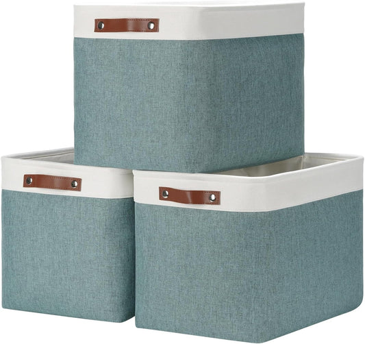 DULLEMELO Large Storage Baskets, Storage Basket with Handles for Shelves, Linen Closet Organizers for Home Office, Decorative Storage Baskets for Toys Storage (3 Pack, White&Deep Green)