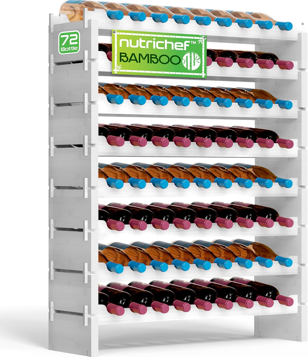 NutriChef Bamboo Stackable Wine Rack, 8-Tier 72 Bottle Capacity Wine Racks Free Standing Floor, No Tools Assembly, Modular Storage Display Shelf for Kitchen and Cellar 33.5" x 10" x 42", White
