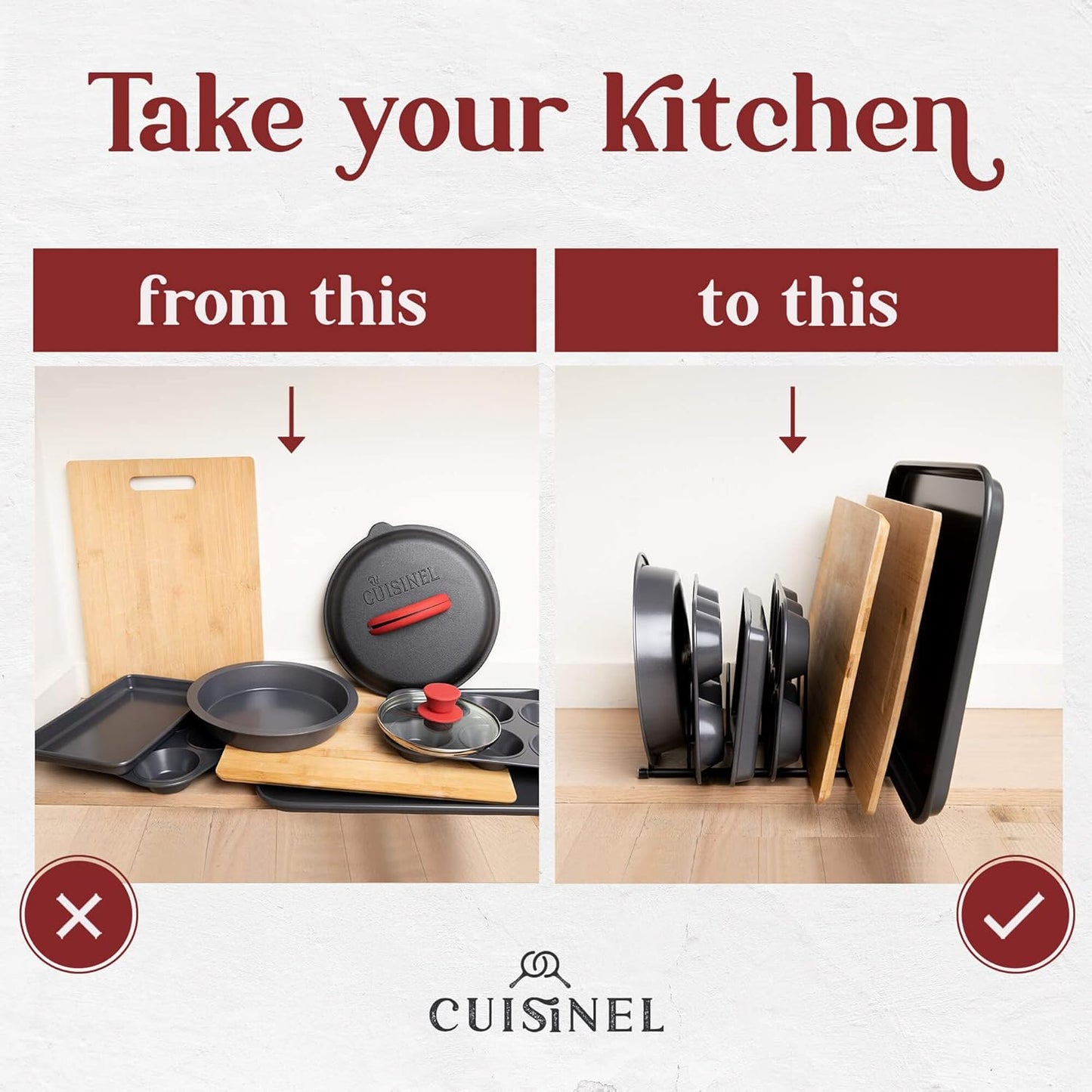 Cuisinel Pot Lid and Dish Organizer Rack - Matte Black Kitchen Storage/Organization Stand - 7-Tier Cabinet/Counter, Cookware, Pots and Pan Lids/Covers, Cutting Board Holder Organizer