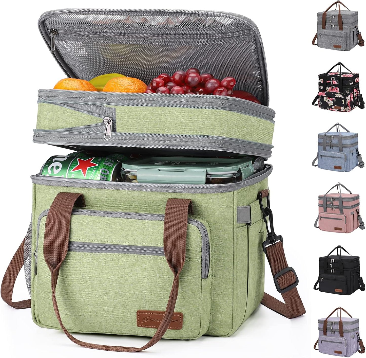 Maelstrom Lunch Bag Women,23L Insulated Lunch Box For Men Women,Expandable Double Deck Lunch Cooler Bag,Lightweight Leakproof Lunch Tote Bag With Side Tissue Pocket,Green