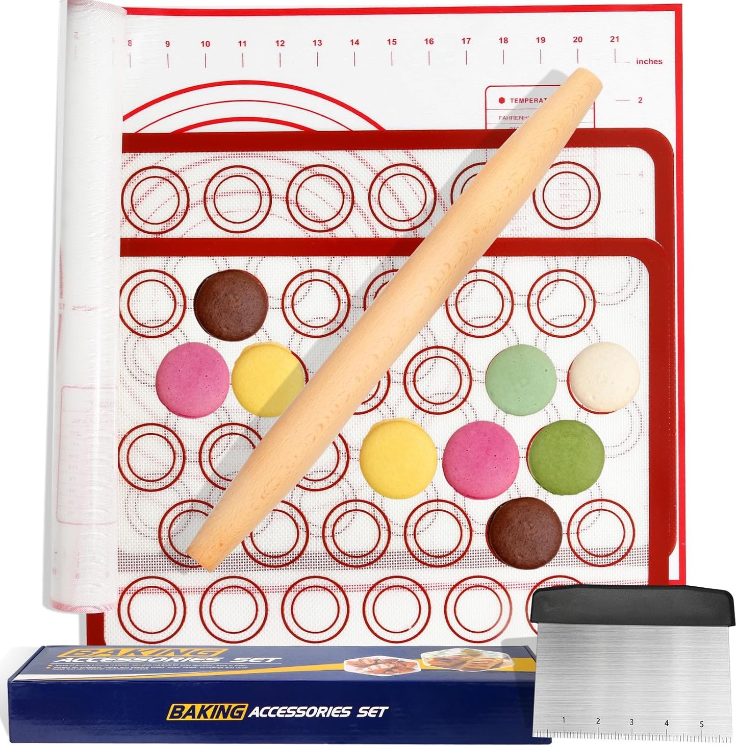 Silicone Baking Mat Sets, Dough Mat with Macaron Baking Mat Pastry Cutter Rolling Pin,Food Safe Pastry Mat, Reusable Cookie Sheets Liner