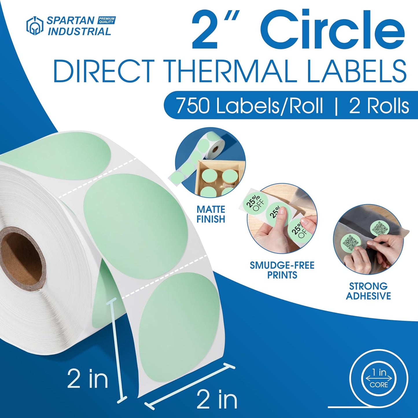 Spartan Industrial 2" Round Direct Thermal Green Labels | Perforated Custom Circle Logo Stickers - Works with Rollo, Zebra, MUNBYN Desktop Printers - 2 Rolls, 750/Roll