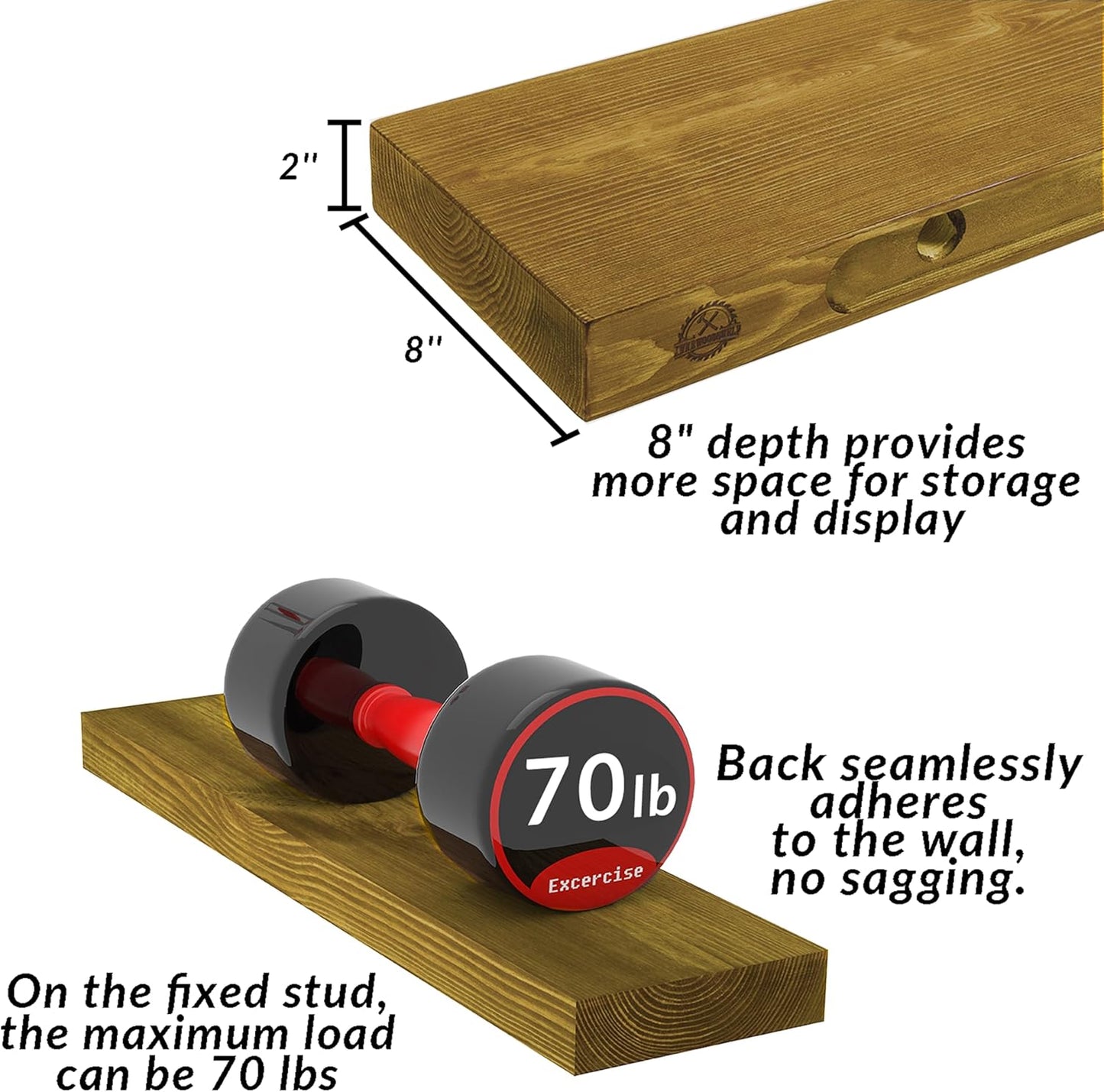 Rustic Floating Shelves 36 inch Long 8 inch deep Set of 2, Solid Wood Wall Shelves for Bedroom Living Room Kitchen,Book Shelf for Wall, Wall Mounted Shelves with Hidden Bracket- Gold Oak