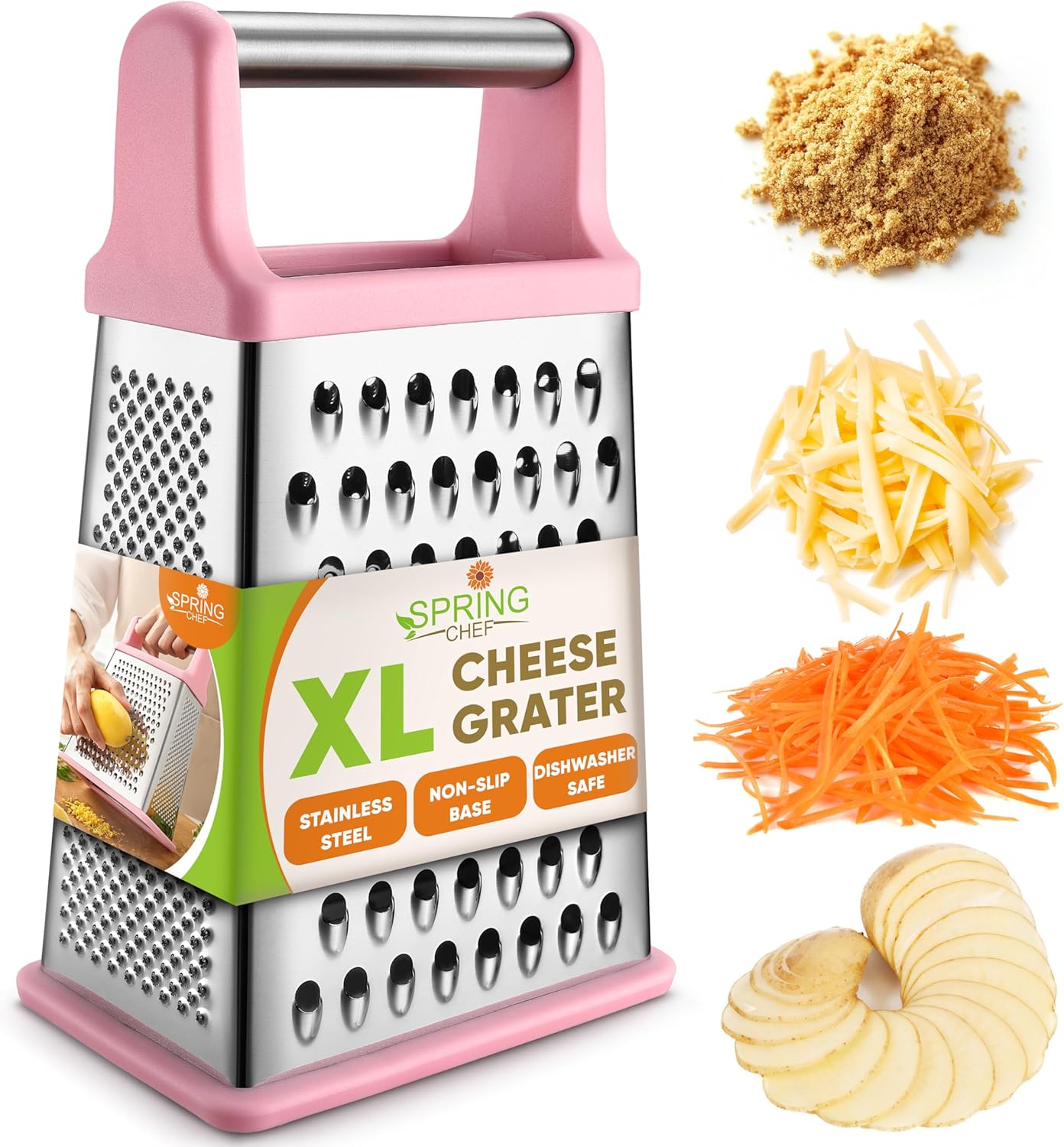 Spring Chef Professional Stainless Steel XL Parmesan Cheese Grater with Handle - 4 Sided Box Grater for Kitchen - Dishwasher Safe Carrot Shredder for Potato, Vegetables, Ginger - Pink Lemonade