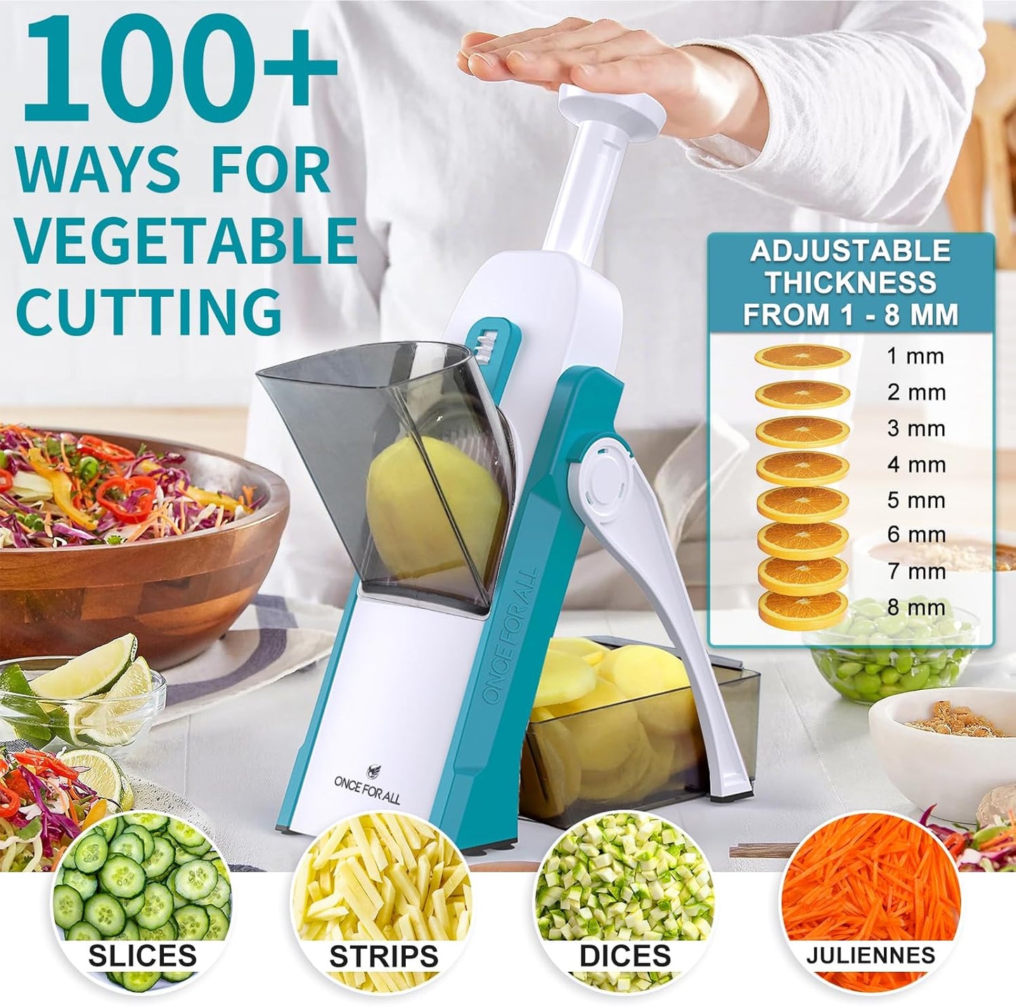 ONCE FOR ALL Safe Mandoline Slicer 5 in 1 Vegetable Cutter, Strips Julienne Dicer Adjustable Thickness 0.1-8 mm for Kitench Fast Meal Prep (Blue)