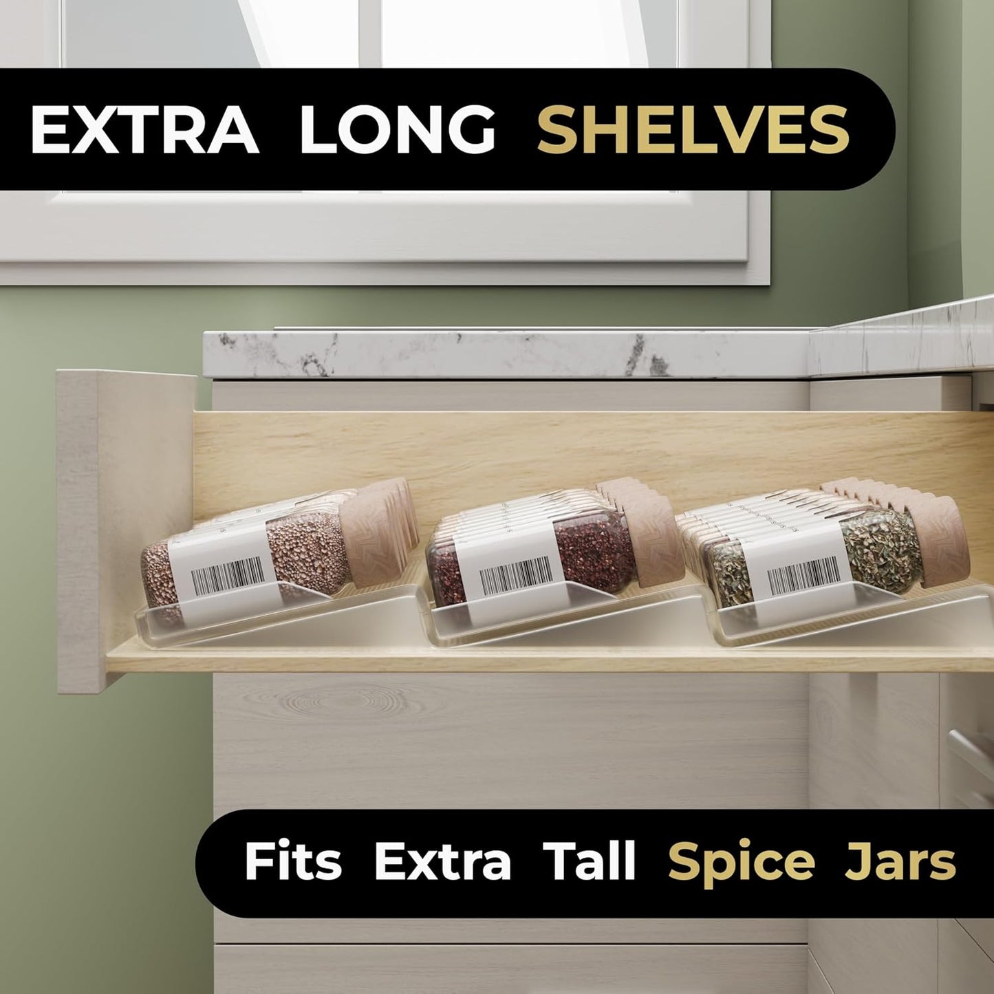 LEVANI Spice Drawer Organizer – 3 Large Tiers, Anti-Slip Grips, Narrow to Standard Drawer Size - Expandable from 8 – 15 inches Wide, Clear Durable Acrylic Spice Rack, No Sliding in Kitchen Drawers