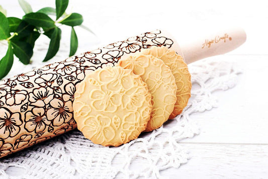 SAKURA Embossing rolling pin. Japanese Cherry Blossom embossed dough roller by Algis Crafts