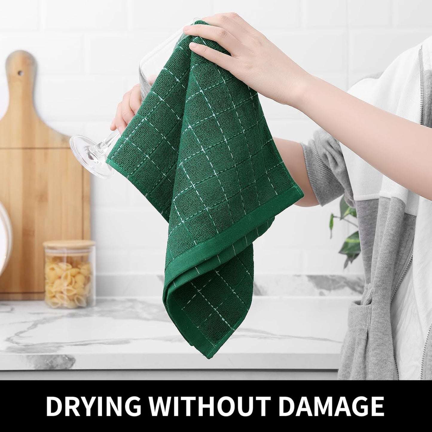 Homaxy 100% Cotton Terry Kitchen Towels(Dark Green, 13 x 28 inches), Checkered Designed, Soft and Super Absorbent Dish Towels, 6 Pack