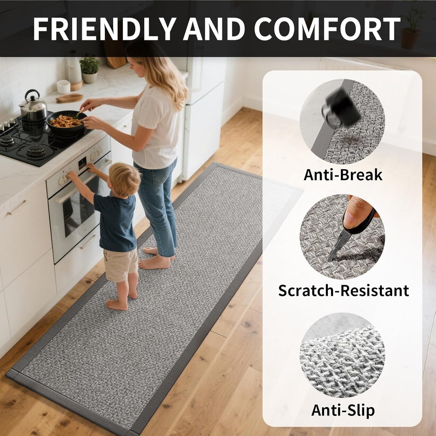 Kitchen Mats for Floor, Rubber Backing Kitchen Rugs Non Slip Washable, Super Absorbent Jute-Like Braid Kitchen Runner Rug Sink Mat Standing Mat, Easy to Clean, Gray 17"x30"