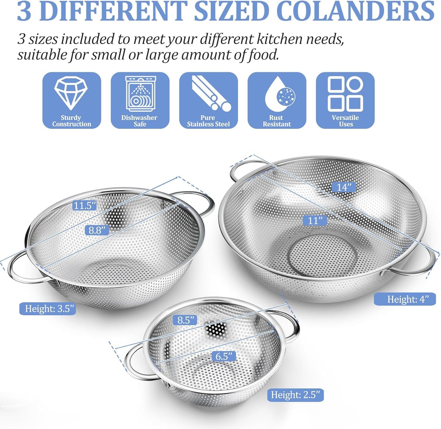 TeamFar Colander Set of 3, Stainless Steel Perforated Metal Colander Strainer with Handles for Spaghetti, Pasta, Berry, Rust Free & Dishwasher Safe - 1/3/5-quart