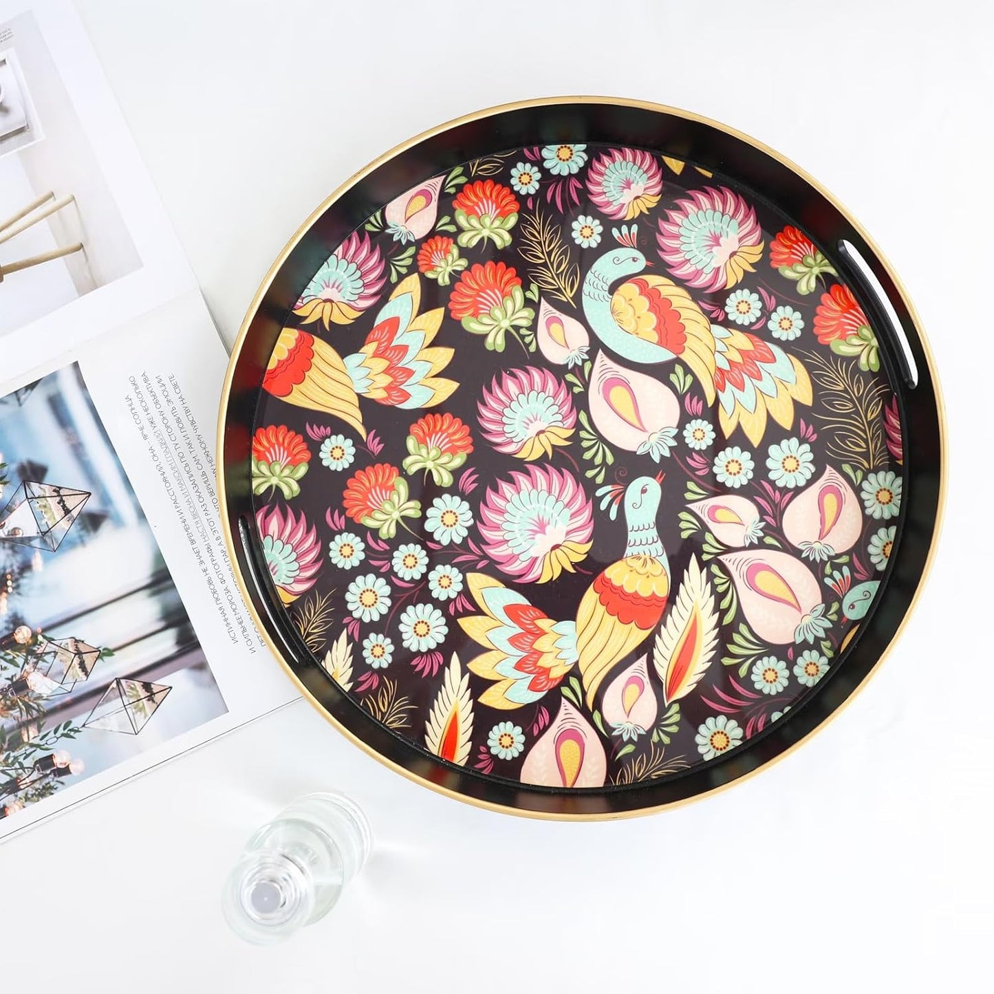 Spsyrine Decorative Serving Tray with Handles, Lacquered Coffee Table Tray for Ottoman, Round Waterproof Platters for Centerpieces, Parties, Living Room, Kitchen Counter Organization Peacock